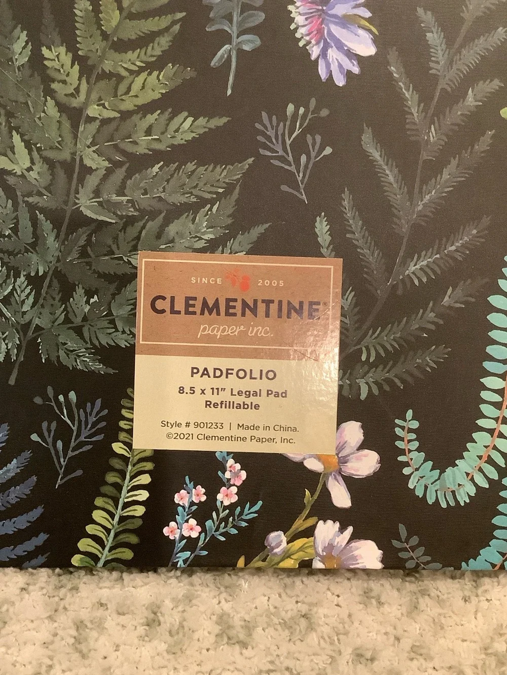 Clementine Paper Co Floral Notes Padfolio Black w Green Botanical Accents NWT